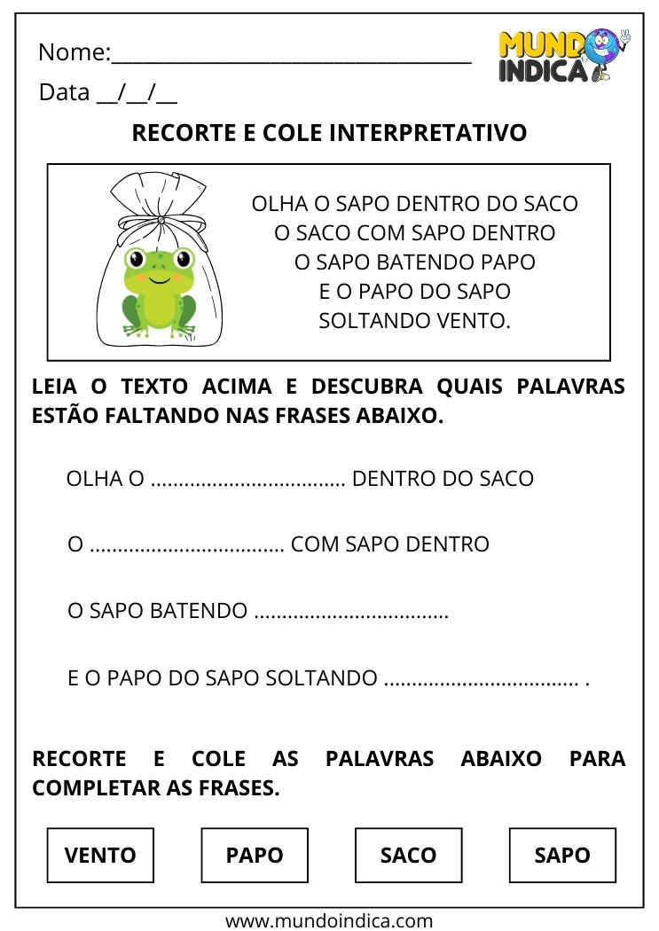 Atividade de Português com Interpretação de Texto e Recorte e Cole para Imprimir