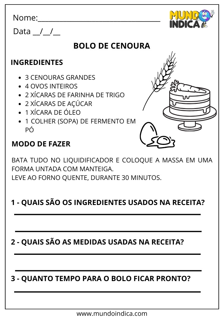 Atividade para Interpretar a Receita do Bolo de Cenoura e Responder as Questões para Imprimir