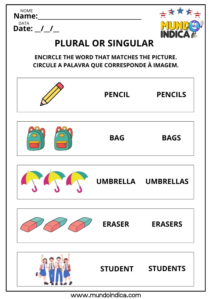 Atividade sobre Plural dos Substantivos em Inglês para Circular a Palavra Correspondente à Imagem para Imprimir