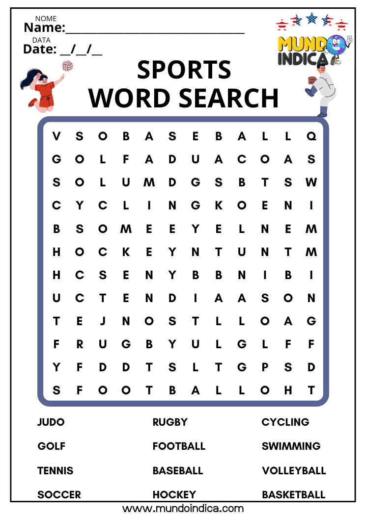 Caça-palavras de Inglês sobre Esportes para Imprimir