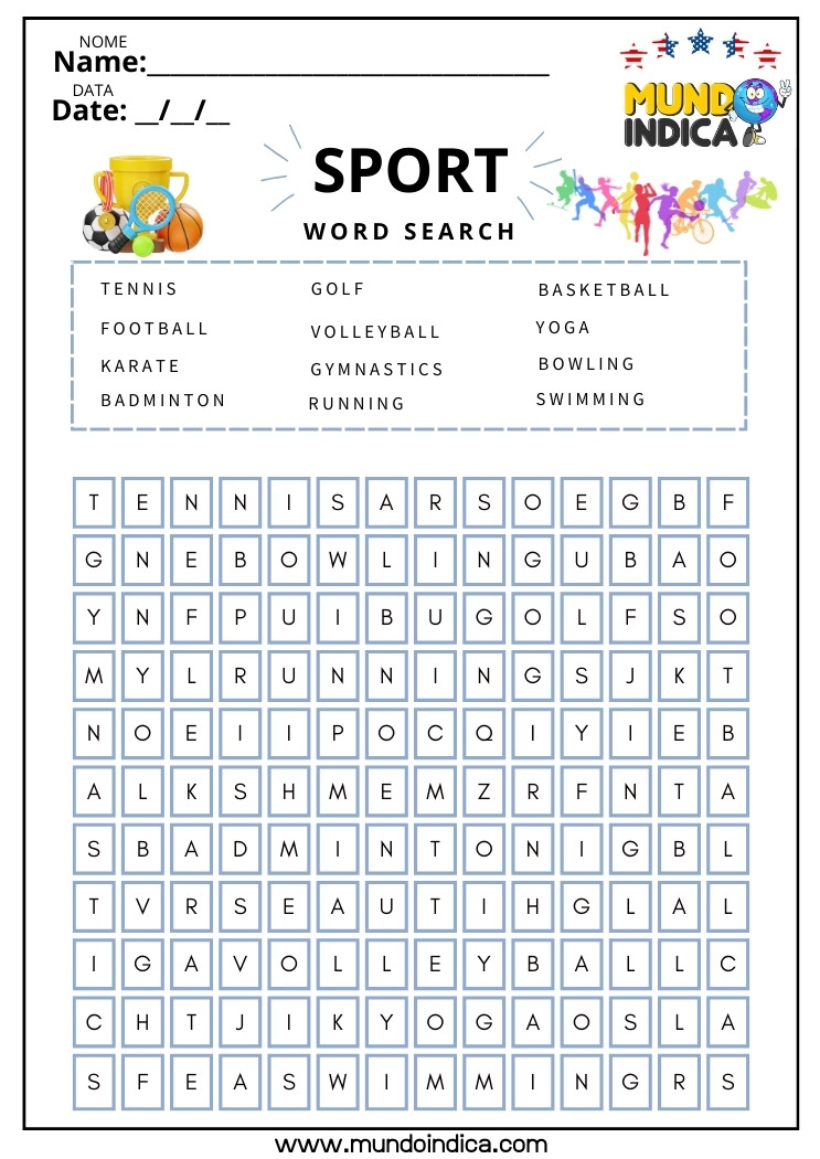 Caça-palavras sobre Esportes em Inglês para Imprimir