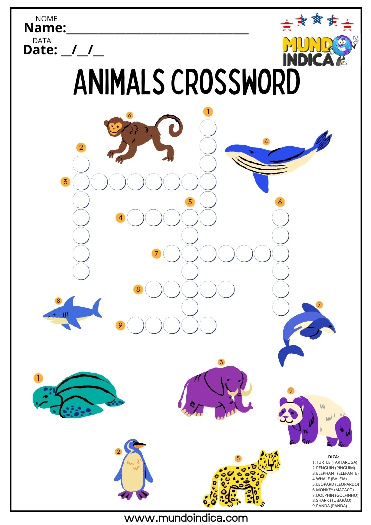 Cruzadinha em Inglês sobre Animais para Imprimir
