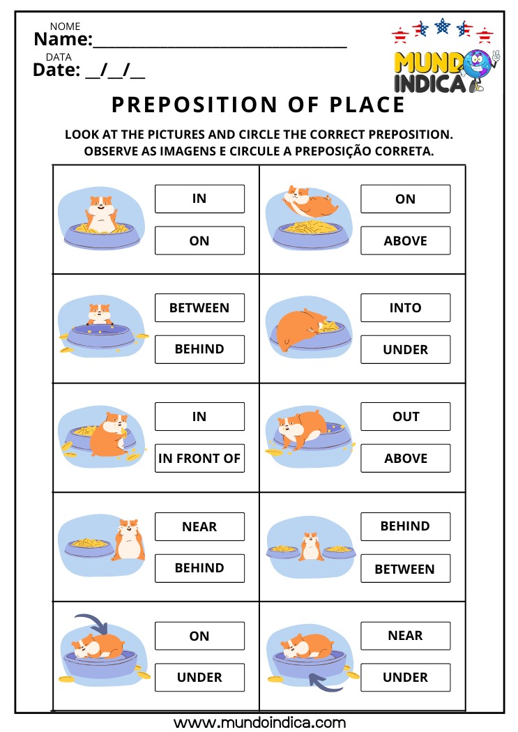 Exercício de Inglês com Prepositions of Place para Circular a Opção Correta para Imprimir