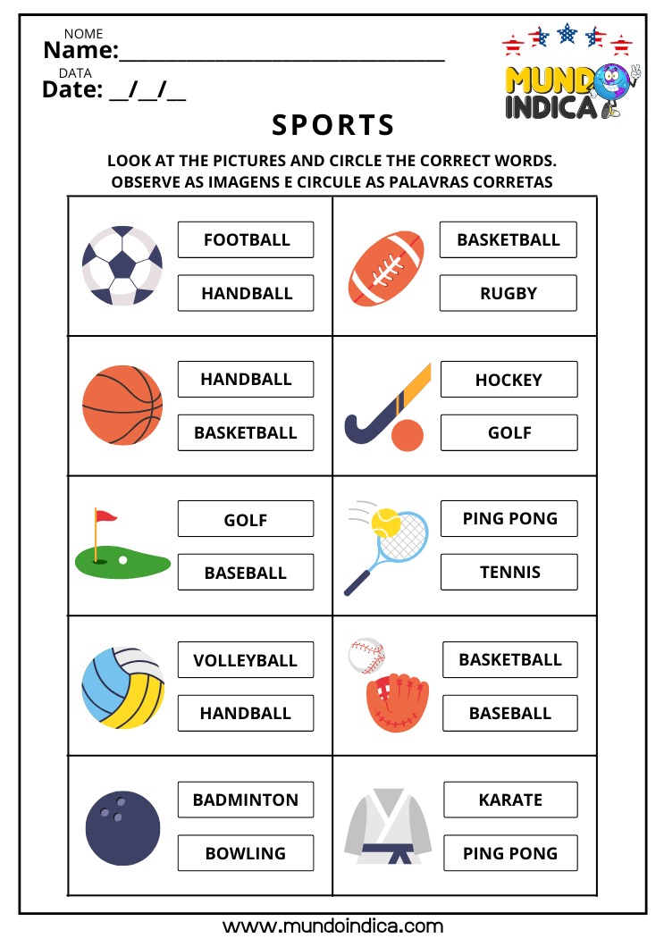 Exercício de Inglês sobre Esportes para Circular os Nomes de Acordo com as Figuras para Imprimir