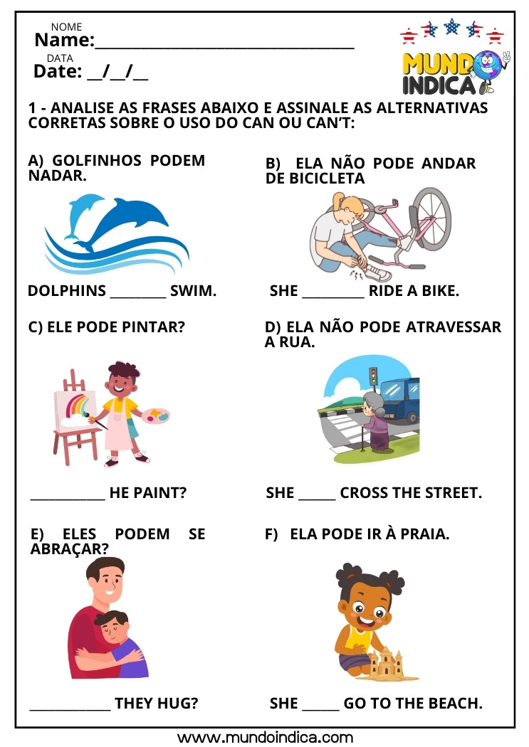 Exercícios de Inglês sobre Can ou Can't para Imprimir