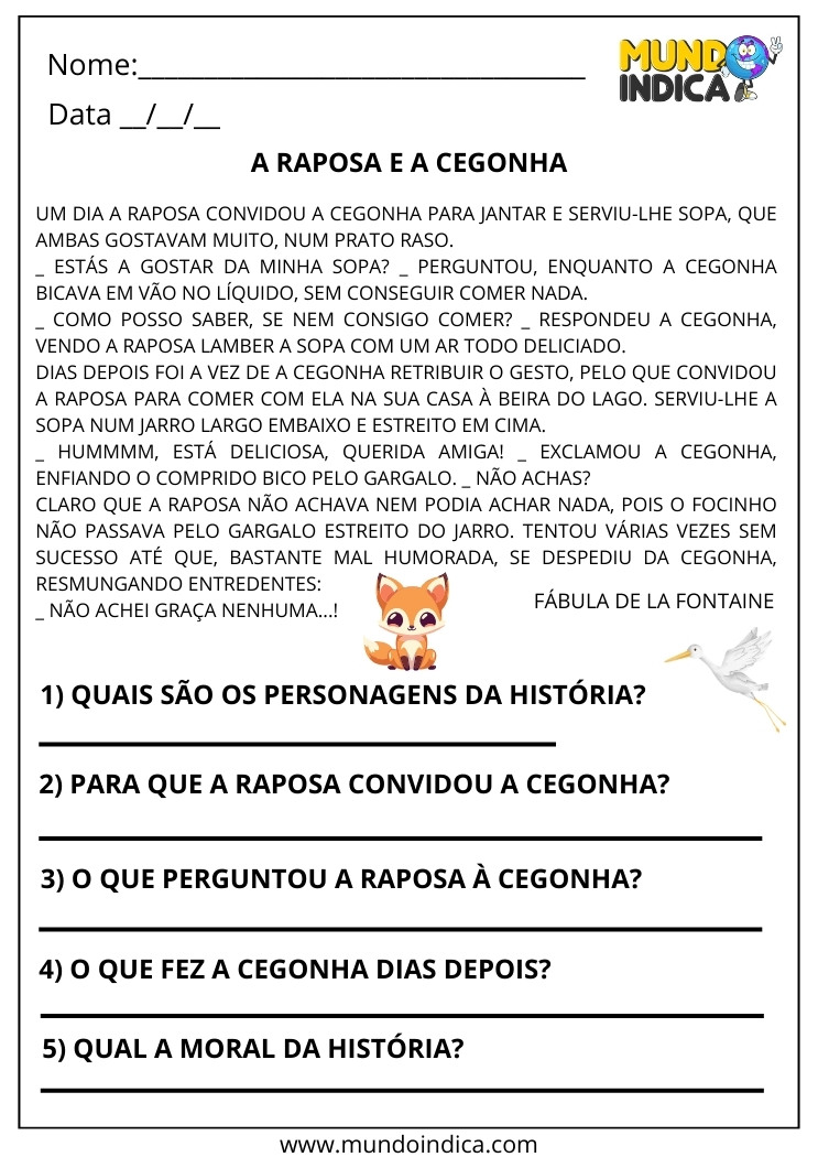Folha de Atividade com Exercícios de Interpretação de Texto sobre a Raposa e a Cegonha para Imprimir