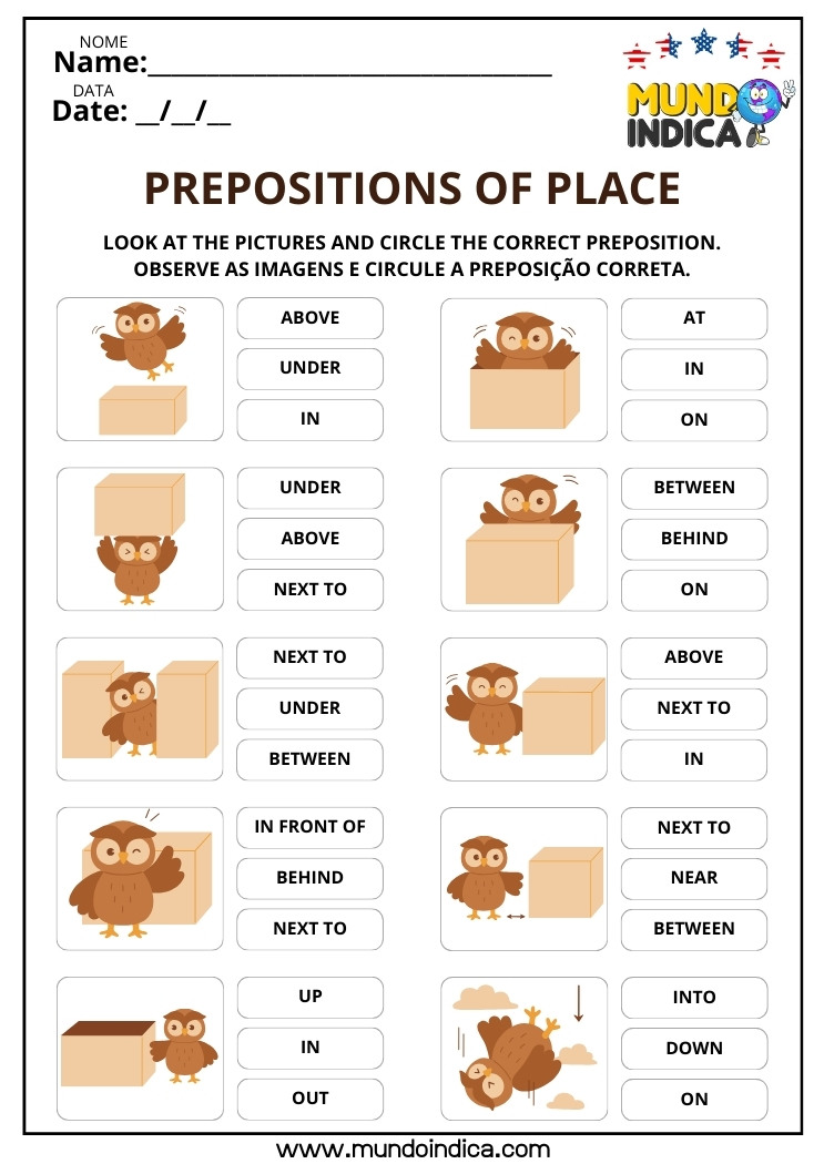 Folha de Atividade de Inglês com Exercícios Figurados de Prepositions of Place para Imprimir