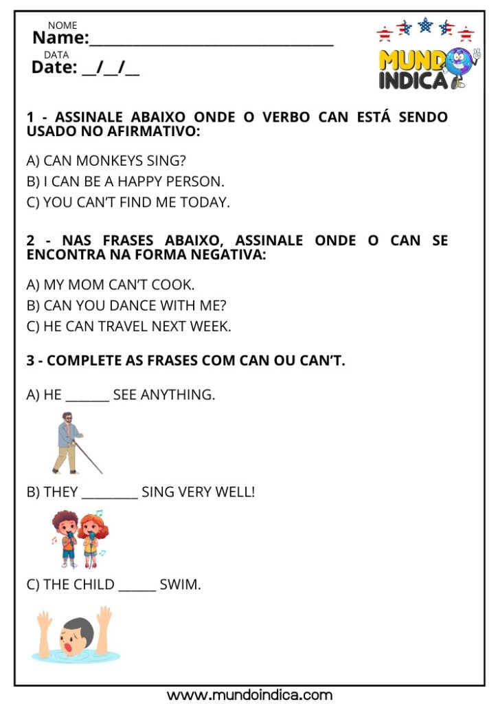 8 Atividades de Inglês sobre Can ou Can't para Imprimir