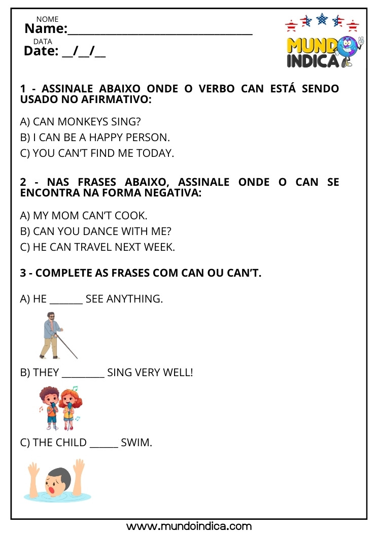 Folha de Atividades em Inglês sobre Can ou Can't para Imprimir