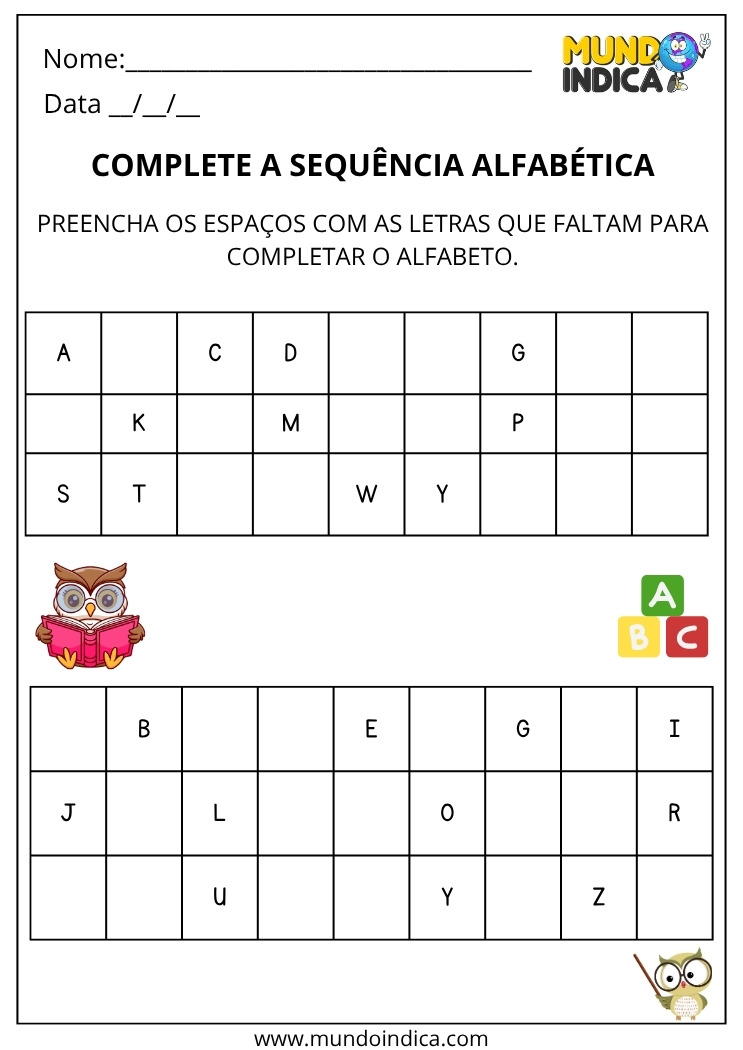 Atividade Complete os Espaços com as Letras que Faltam para Completar o Alfabeto para Imprimir