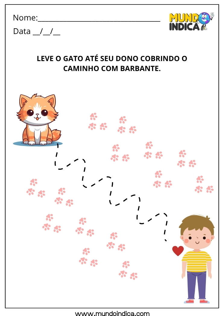 Atividade Lúdica Cole Barbante no Caminho do Gato ao seu Dono para Educação Infantil
