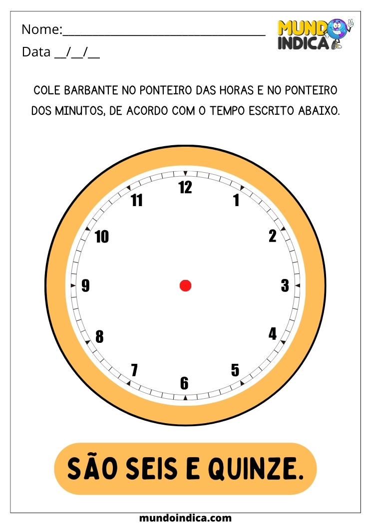 Atividade Lúdica Cole Barbante no Relógio de Acordo com as Horas Indicadas para Educação Infantil