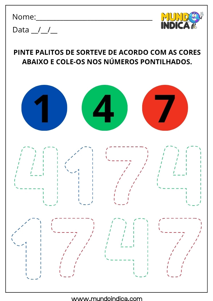 Atividade Lúdica com Colagem de Palitos de Sorvete para Fazer os Números 1, 4 e 7 para Educação Infantil
