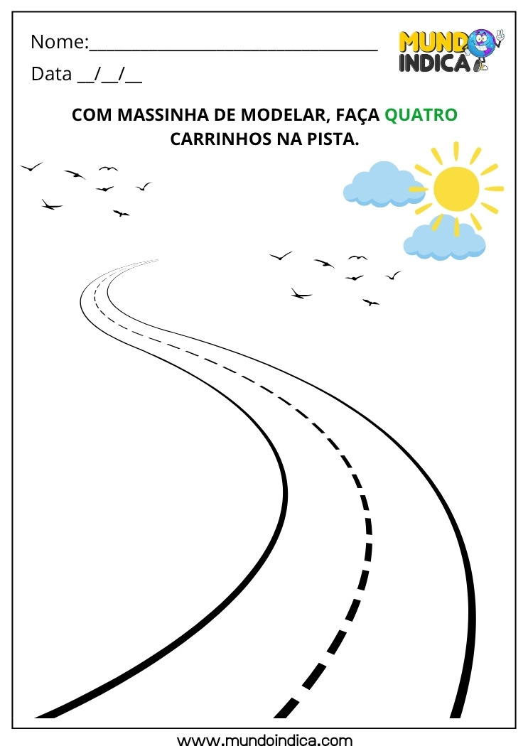 Atividade Lúdica com Massinha de Modelar para Fazer Quatro Carrinhos na Pista para Educação Infantil