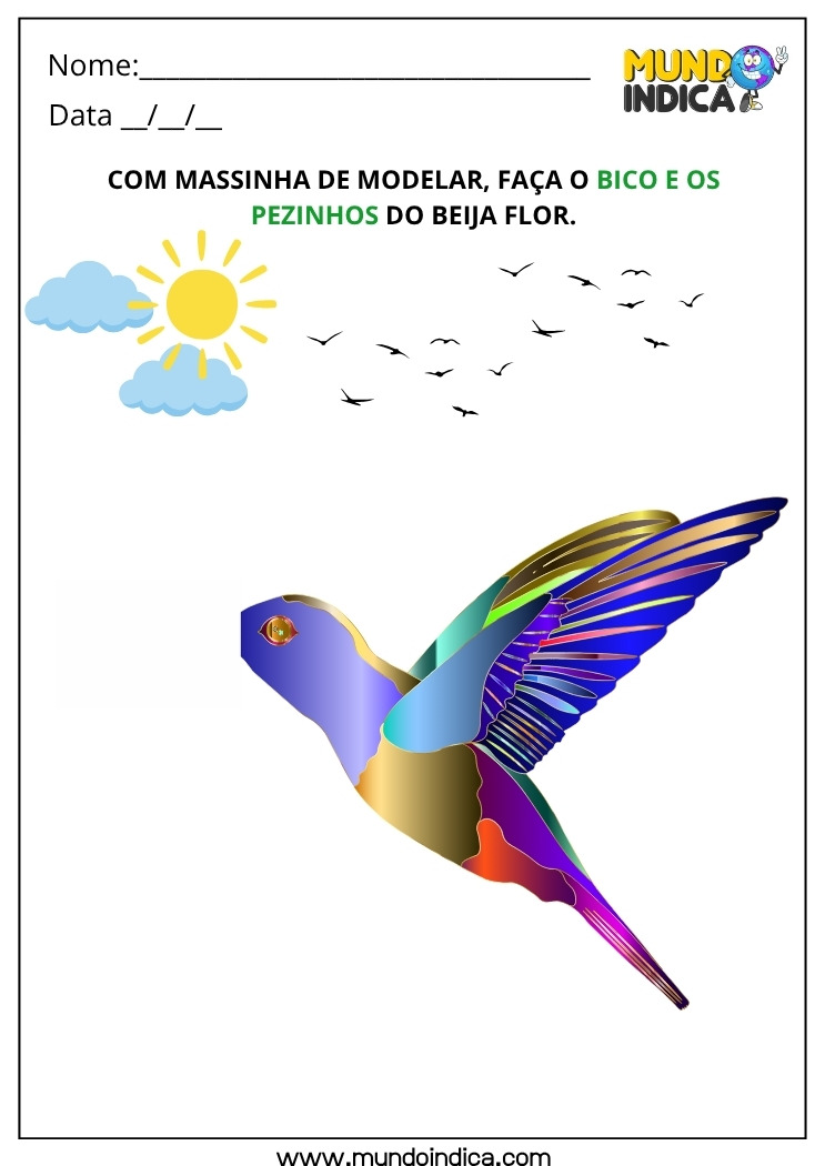 Atividade Lúdica com Massinha de Modelar para Fazer o Bico e os Pezinhos do Beija Flor para Educação Infantil