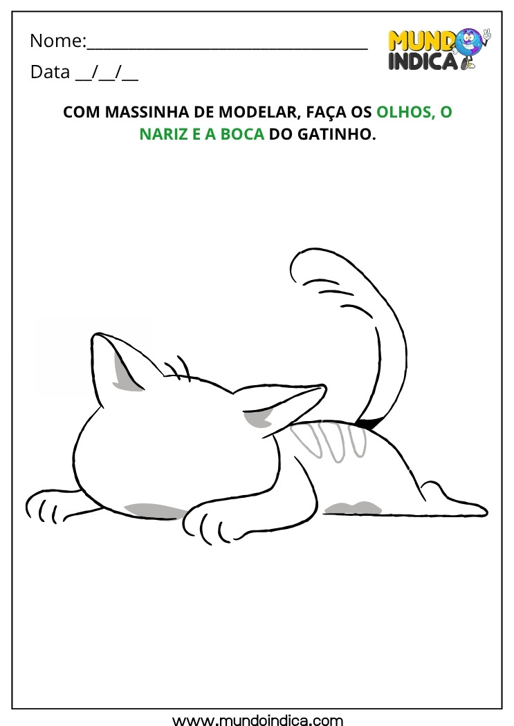 Atividade Lúdica com Massinha de Modelar para Fazer os Olhos, o Nariz e a Boca do Gatinho para Educação Infantil