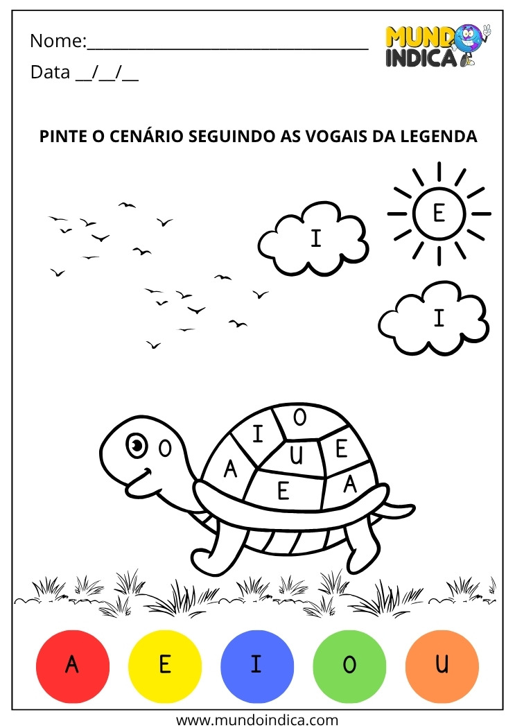 Atividade Lúdica de Alfabetização com Pintura do Cenário Seguindo as Cores das Vogais para Imprimir