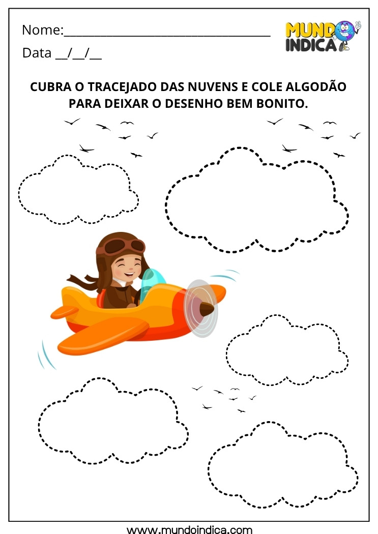 Atividade Lúdica para Cobrir os Pontilhados e Colar Algodão nas Nuvens para Educação Infantil