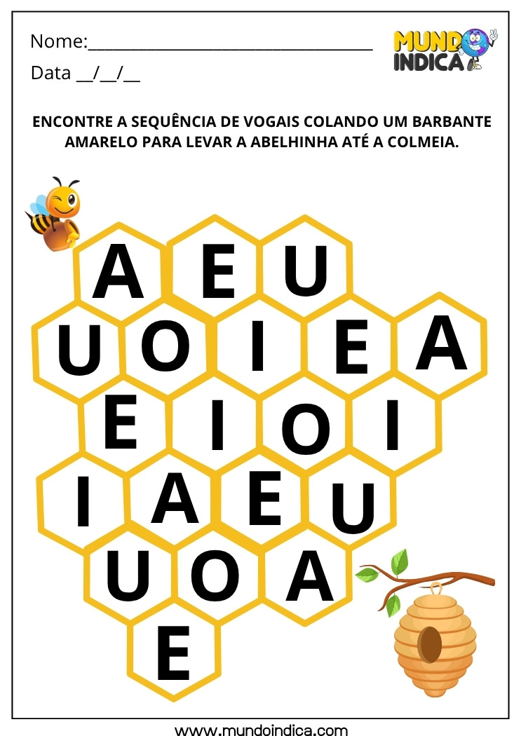 Atividade Lúdica para Colar Barbante nas Vogais para Educação Infantil