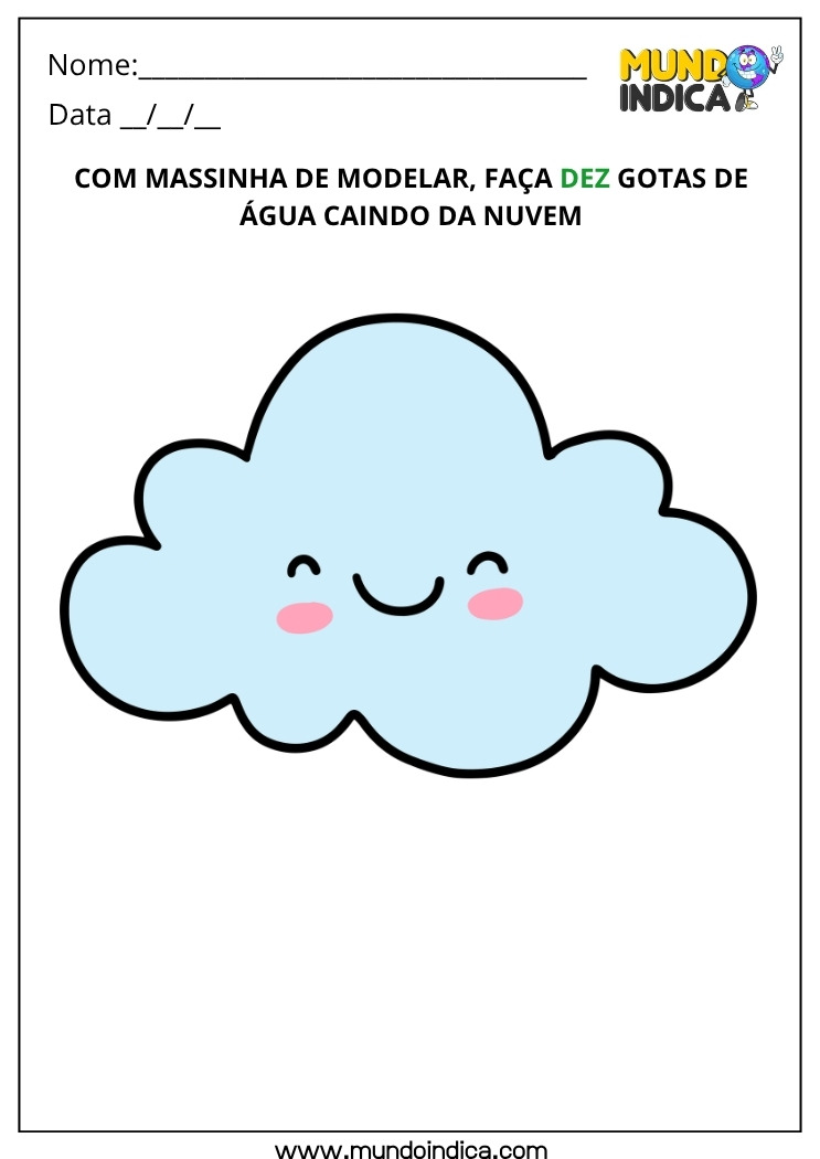 Atividade Lúdica para Fazer Dez Gotas de Água Caindo da Nuvem com Massinha de Modelar para Educação Infantil