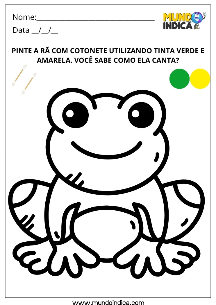 Atividade Lúdica para Pintar a Rã com Cotonete e Tinta Guache Verde e Amarela para Educação Infantil