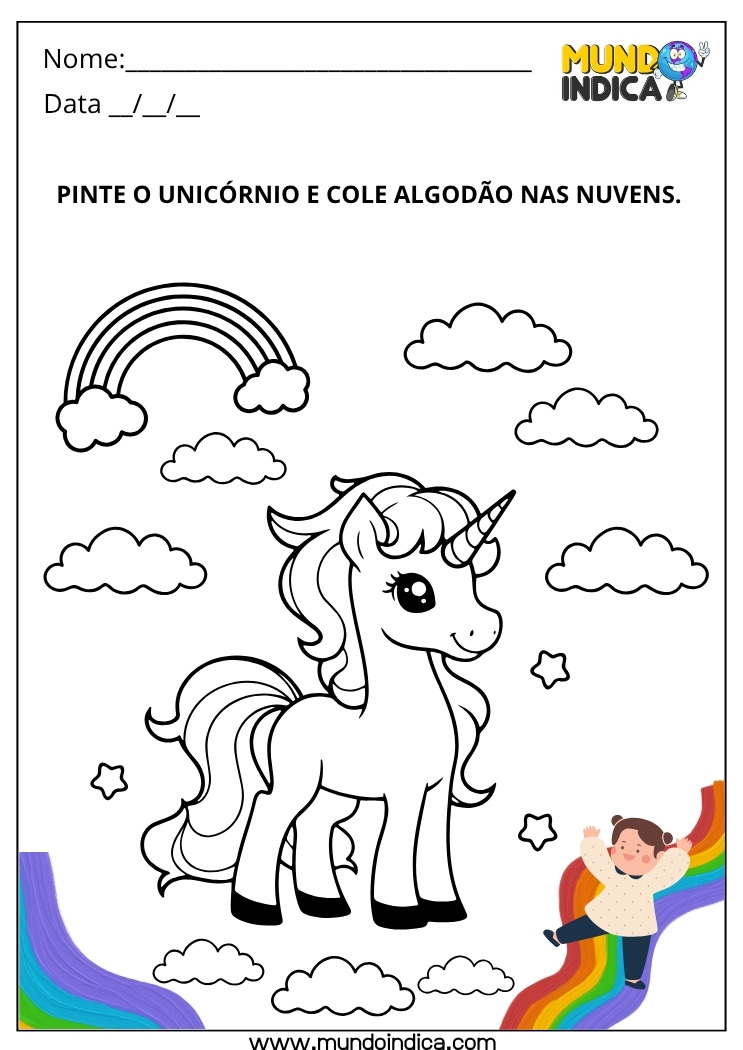 Atividade Lúdica para Pintar o Unicórnio e Colar Algodão nas Nuvens para Educação Infantil