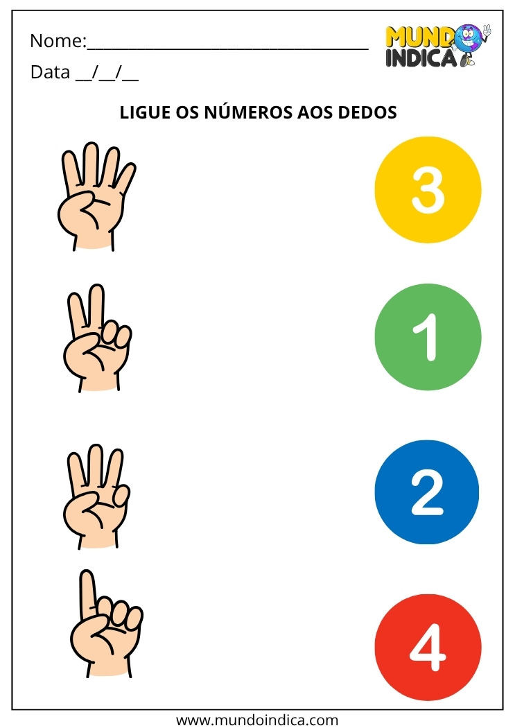 Atividade de Alfabetização Ligue os Dedos aos Números para Imprimir