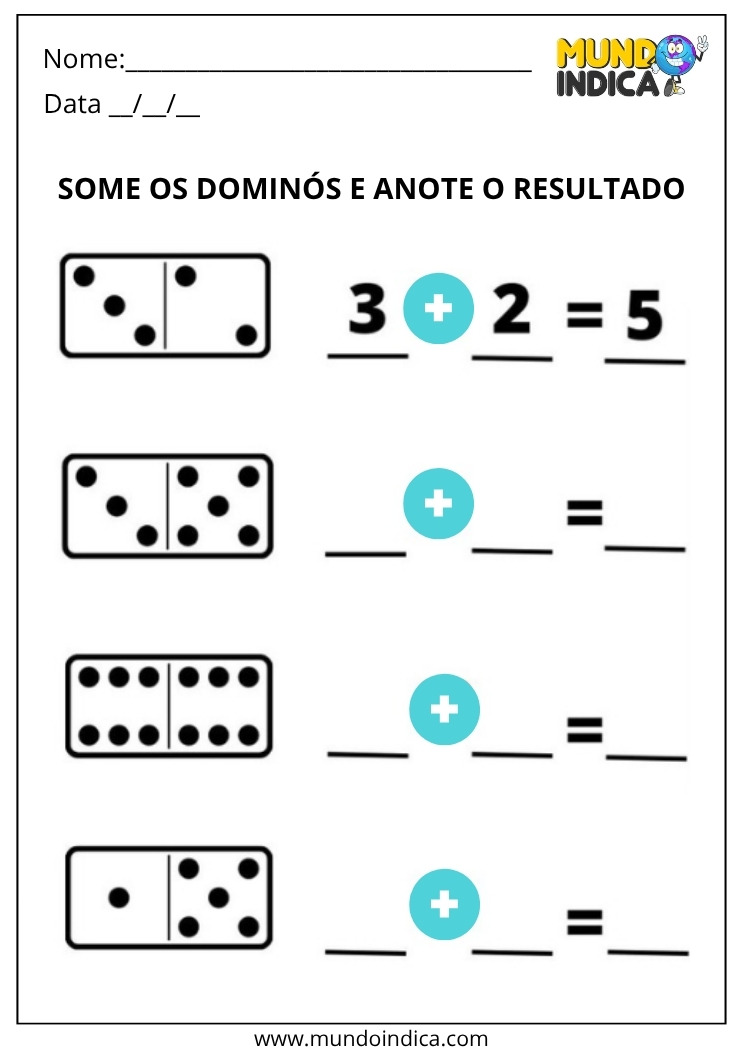 Atividade de Alfabetização Matemática para Somar os Dominós para Imprimir