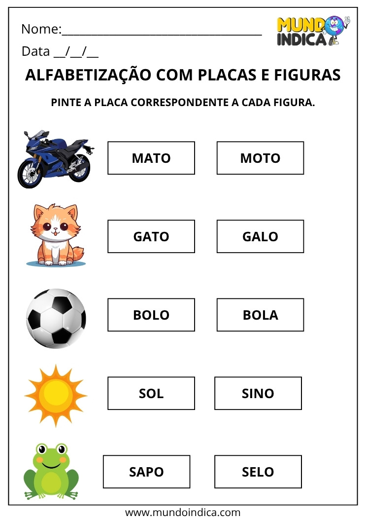 Atividade de Alfabetização com Pintura das Palavras Correspondentes às Figuras para Imprimir