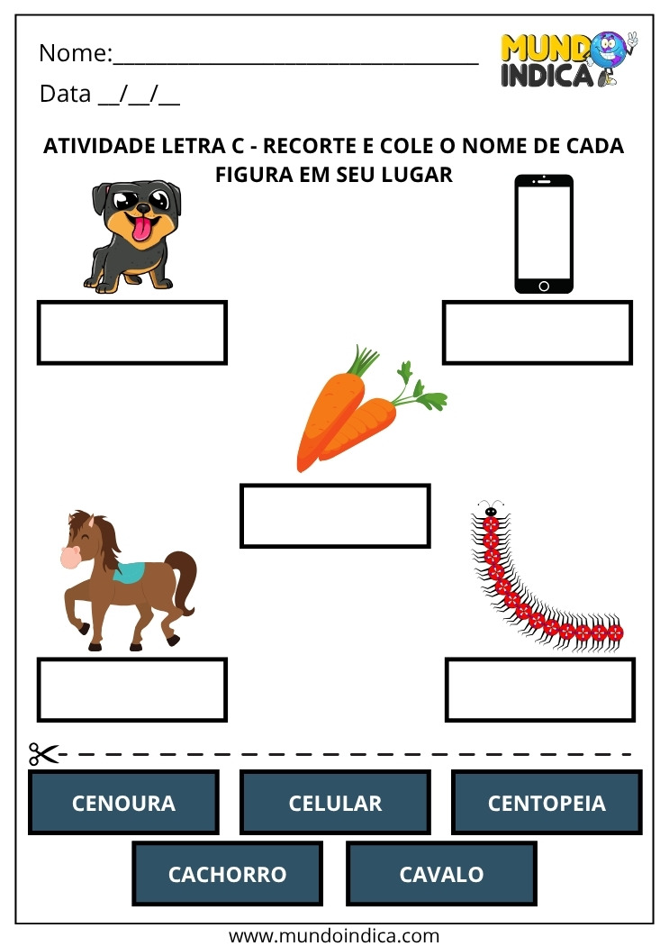 Atividade de Alfabetização com Recorte e Colagem das Palavras que Começam com a Letra C para Imprimir