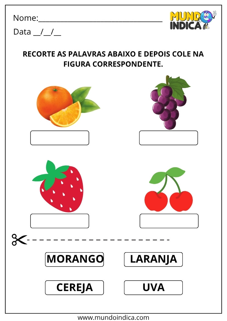 Atividade de Alfabetização com Recorte e Cole das Frutas para Imprimir