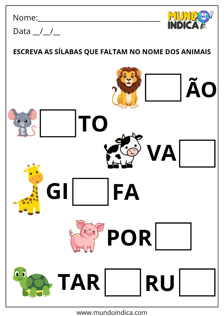 Atividade de Alfabetização com Sílabas dos Animais para Imprimir
