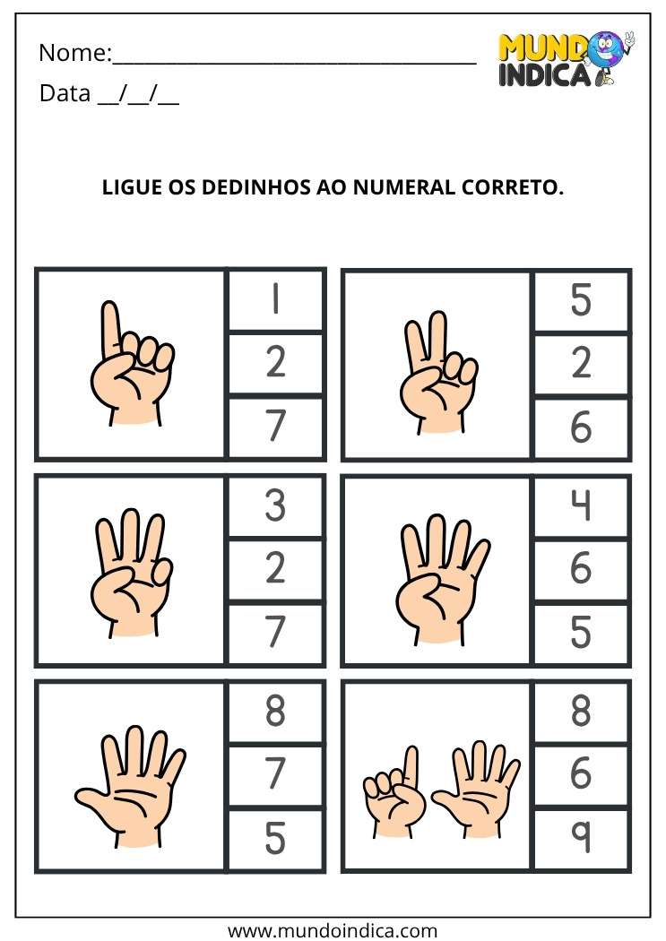 Atividade de Alfabetização para Fazer em Casa para Ligar os Números aos Dedinhos