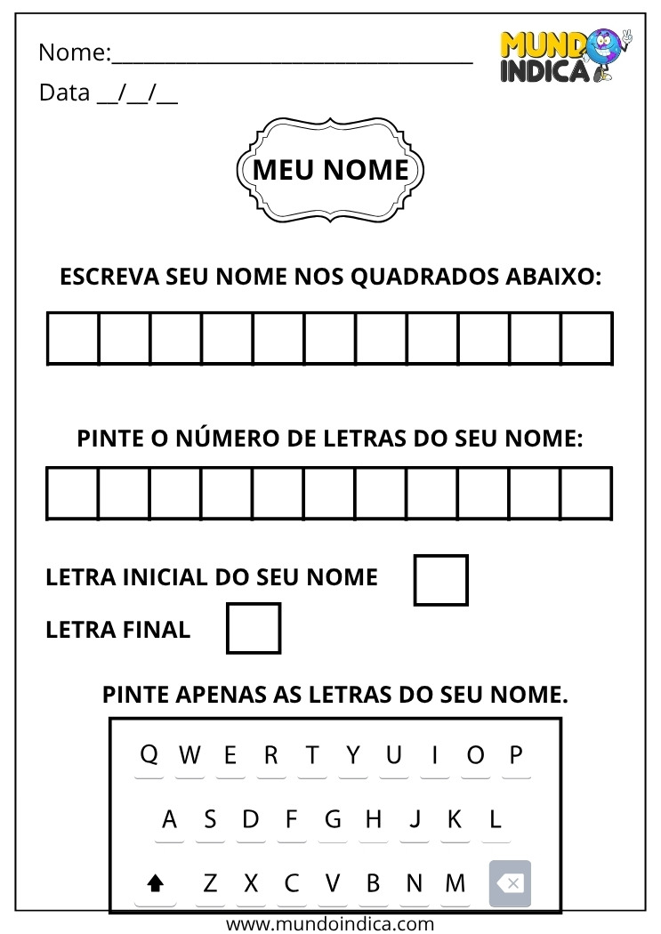 Atividade de Alfabetização para Fazer em Casa sobre Meu Nome para Imprimir
