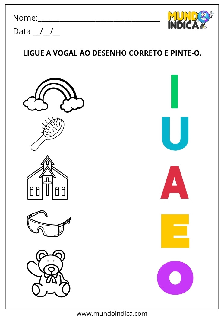 Atividade de Alfabetização para Ligar a Vogal ao Desenho Correto para Imprimir