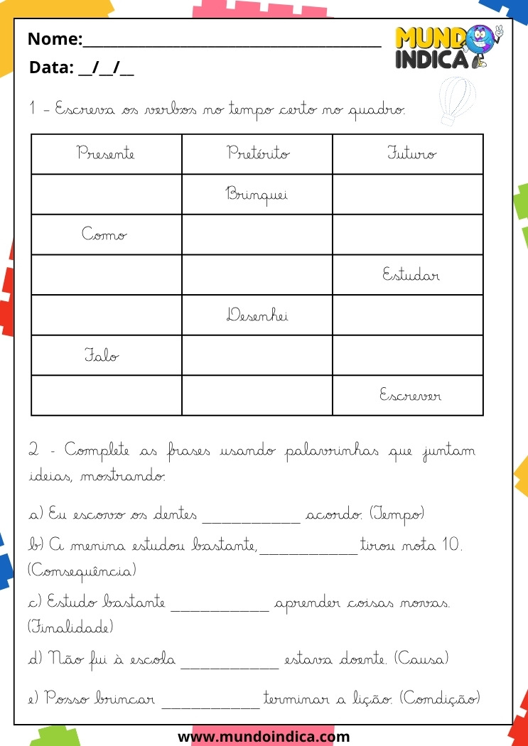 Atividade de Caligrafia Escreva os Verbos no Tempo Certo para 5º Ano para Imprimir