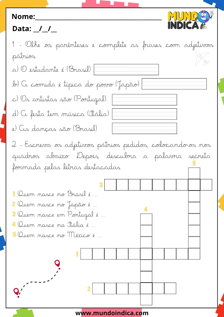 Atividade de Caligrafia com Adjetivos Pátrios e Cruzadinha para 5º Ano para Imprimir