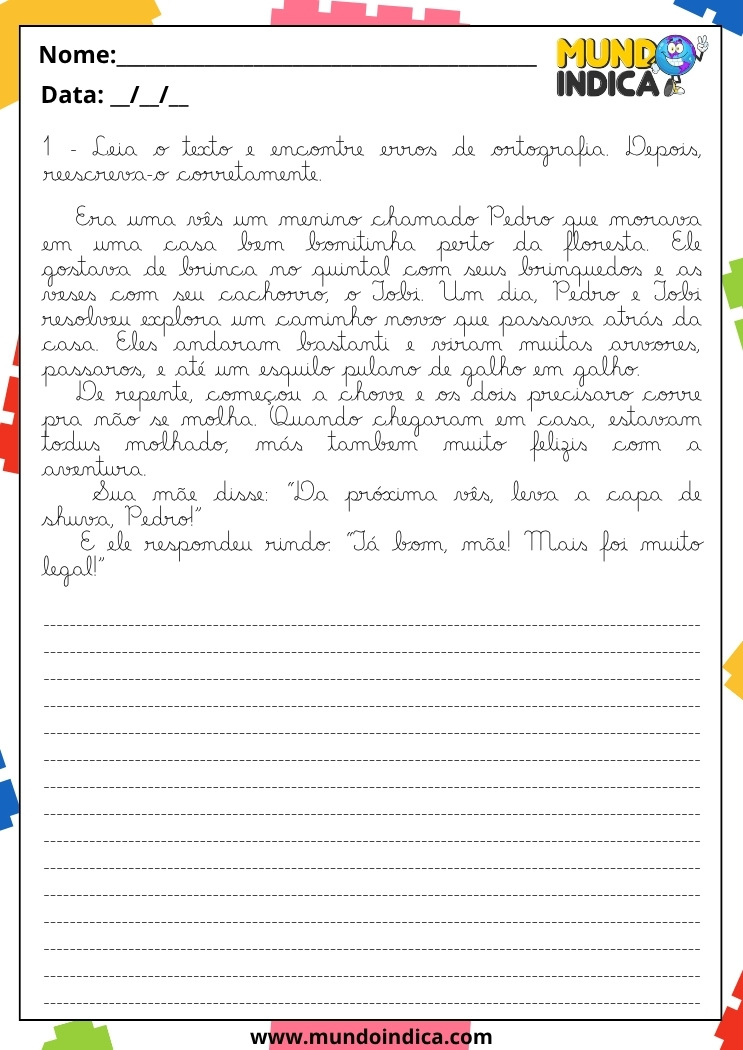 Atividade de Caligrafia para 5º Ano Encontre os Erros de Ortografia e Escreva Novamente o Texto para Imprimir