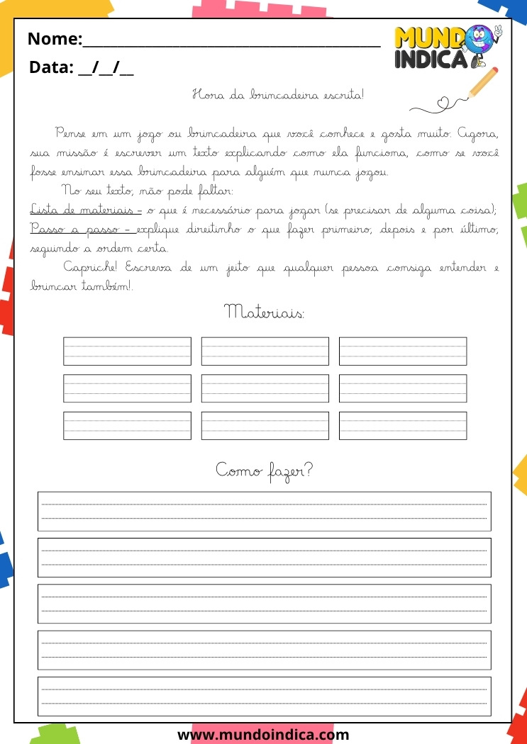 Atividade de Caligrafia para 5º Ano Escreva um Texto sobre um Jogo ou Brincadeira Contando Como Funciona e os Materiais Necessários