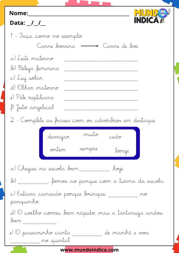 Atividade de Caligrafia para 5º Ano com Advérbios para Imprimir