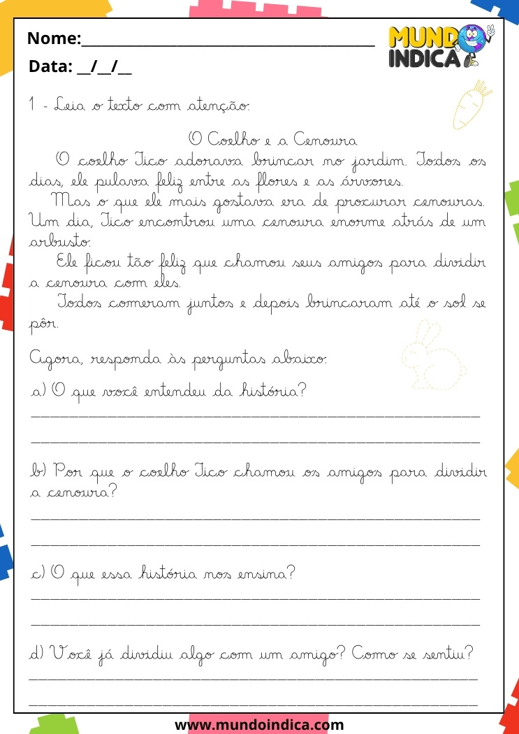 Atividade de Caligrafia para 5º Ano com Interpretação de Texto para Imprimir