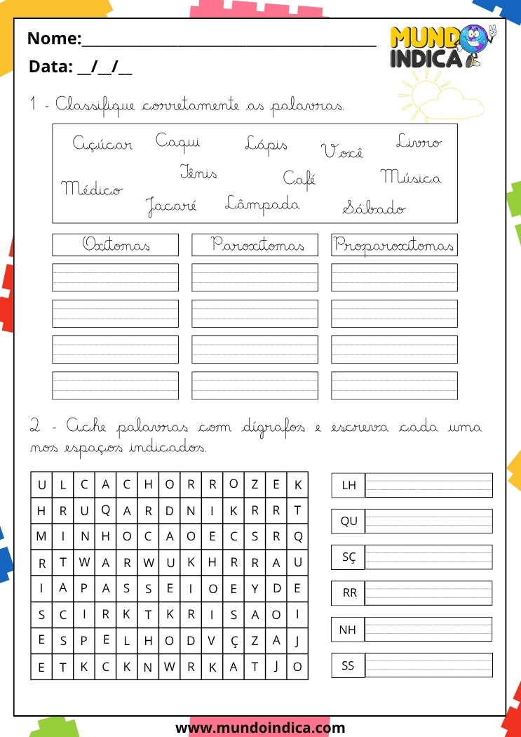 Atividade de Caligrafia para 5º Ano para Classificar as Palavras em Oxítonas, Paroxítonas, Proparoxítonas e Encontrar os Dígrafos no Caça-palavras