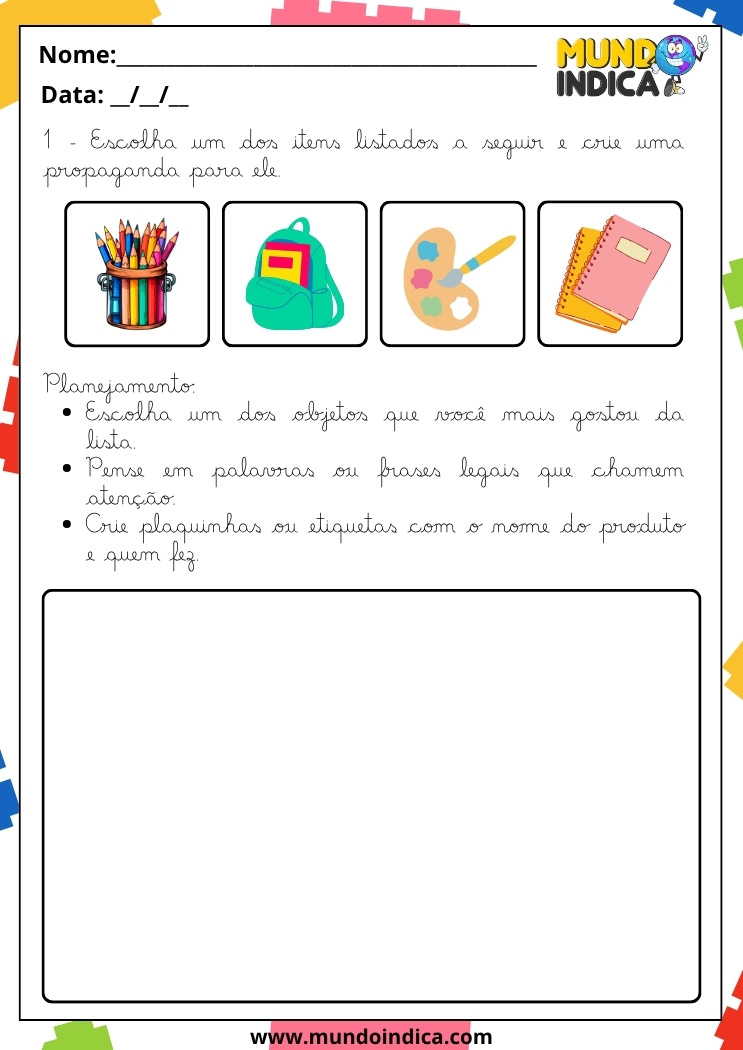 Atividade de Caligrafia para 5º Ano para Criar uma Propaganda para Imprimir