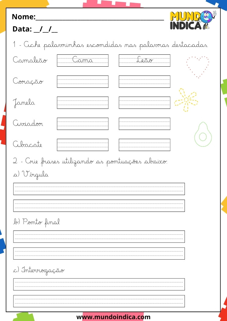 Atividade de Caligrafia para 5º Ano para Encontrar Palavras Escondidas e Criar Frases Utilizando as Pontuações Solicitadas para Imprimir