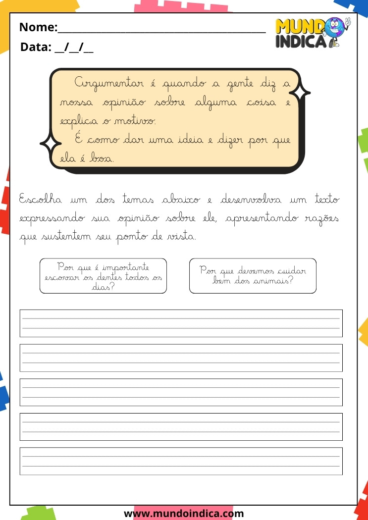Atividade de Caligrafia para 5º Ano sobre Argumentação para Criar um Texto Expressando sua Opinião de um dos Temas Propostos para Imprimir