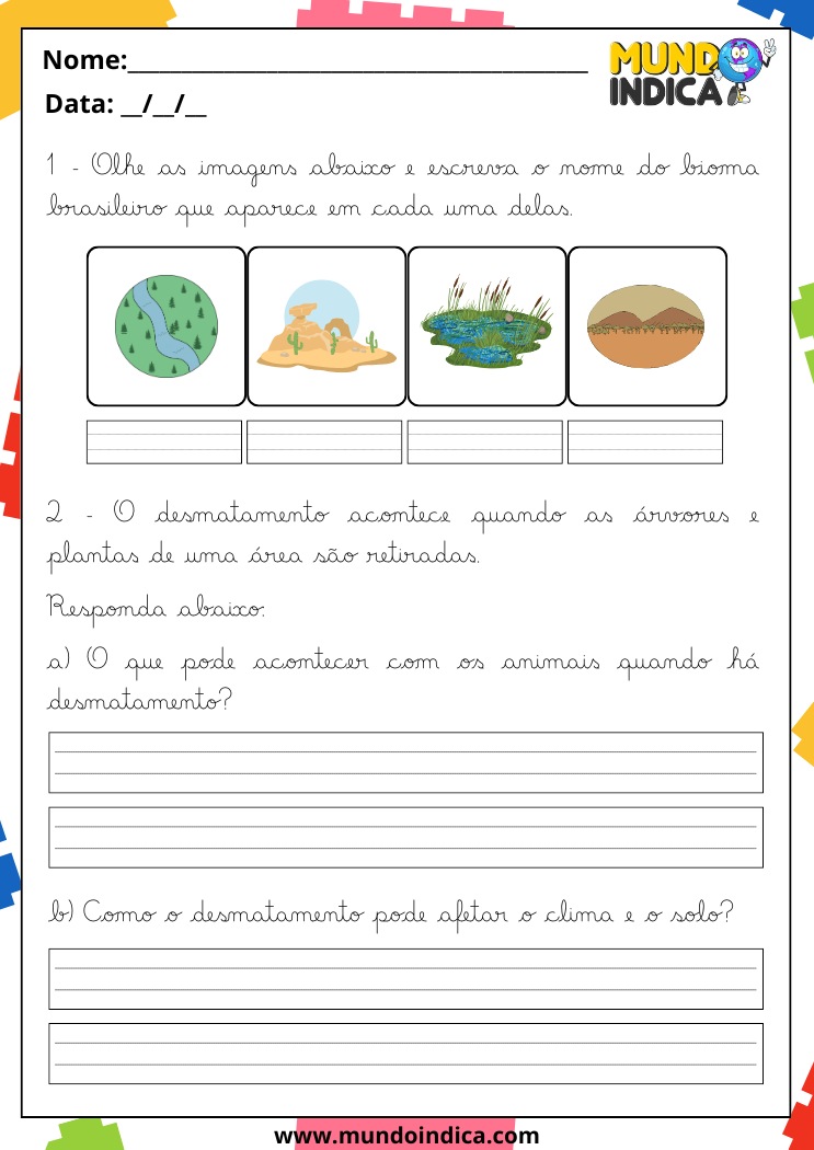 Atividade de Caligrafia para 5º Ano sobre Bioma, Desmatamento e suas Consequências para Imprimir