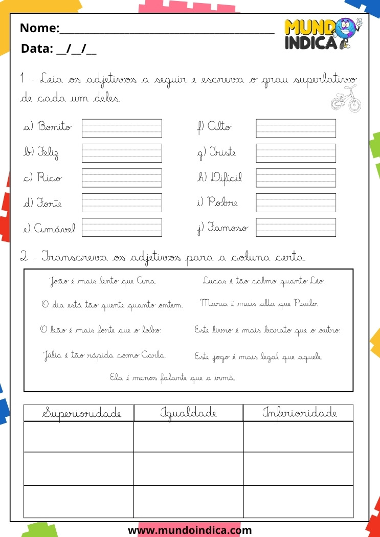 Atividade de Caligrafia para 5º Ano sobre Grau Superlativo dos Adjetivos e para Classificá-los na Coluna Correta de Superioridade, Igualdade ou Inferioridade