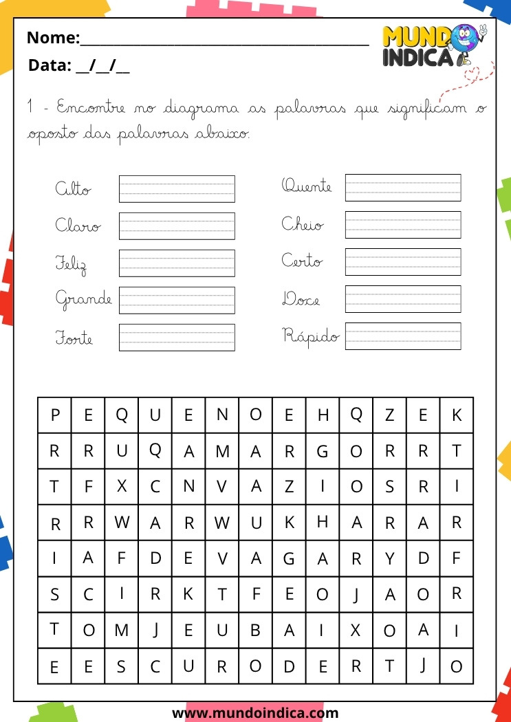 Atividade de Caligrafia para 5º Ano sobre Opostos com Caça-palavras para Imprimir