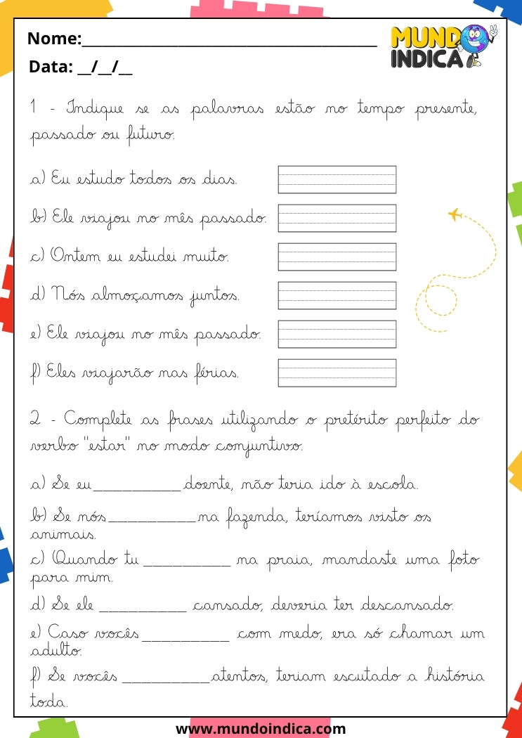 Atividade de Caligrafia para 5º Ano sobre Presente, Passado, Futuro e Pretérito Perfeito do Verbo Estar para Imprimir