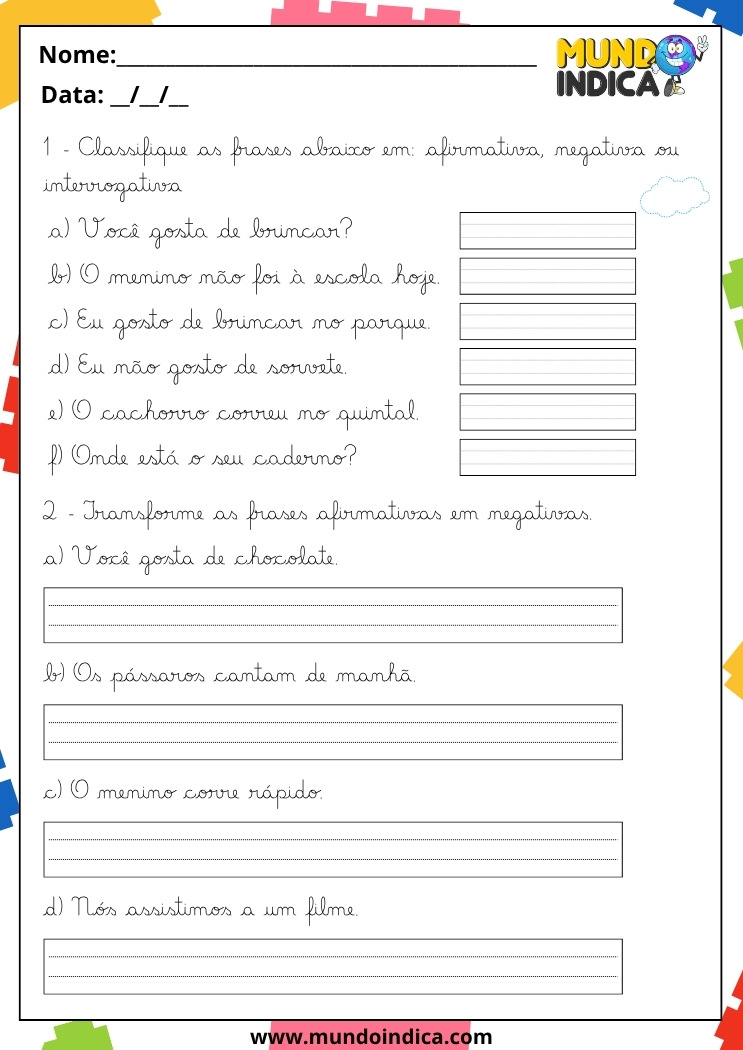 Atividade de Caligrafia para Classificar as Frases em Afirmativa, Negativa ou Interrogativa para 5º Ano para Imprimir